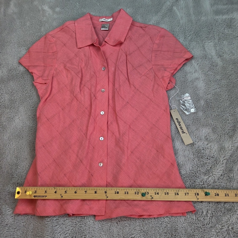 Edward Linen Button Up Womens S Textured Short Sleeve Collared Top Coral Pink